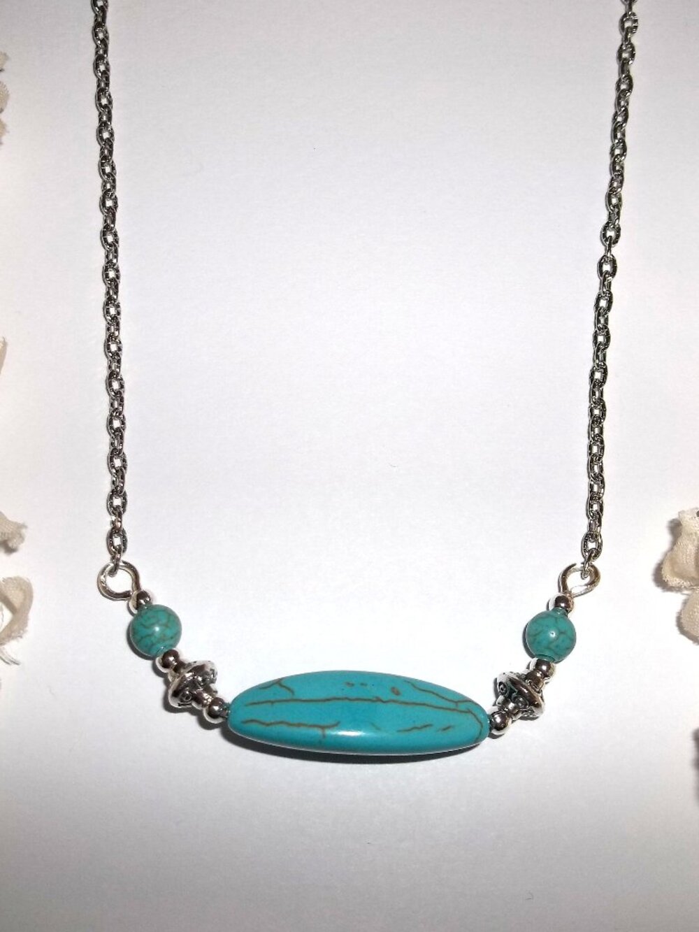 Faux Turquoise Blue and Silver Necklace Long Slip On 28" Costume Jewelry D471